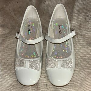 Stelle Dress Mary Jane Shoes with Glitter Bow and Velcro Strap sz 2 Girls EUC